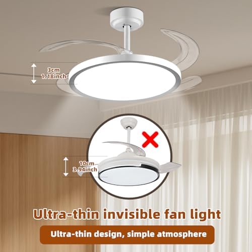 baysquirrel slim retractable ceiling fan with lights and showing dimensions