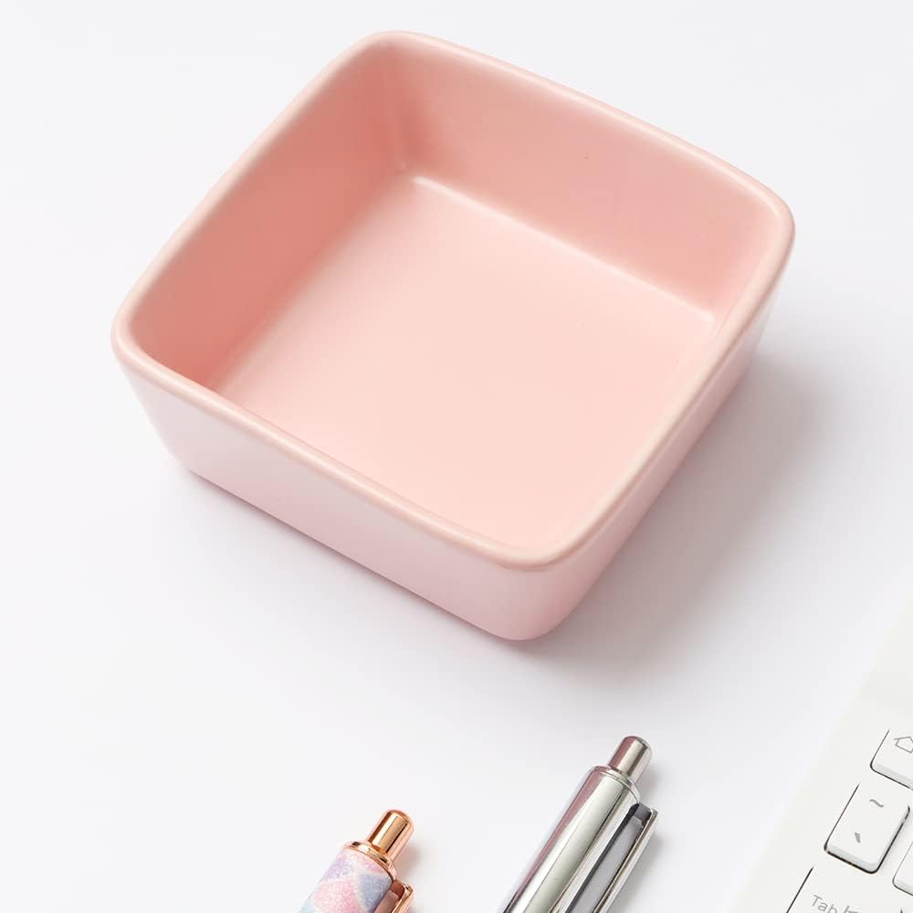 NatSumeBasics Pink Ceramic Paper Clip Holder Dispenser | Square Paper Clips & Push Pins, Office Desk Organizer