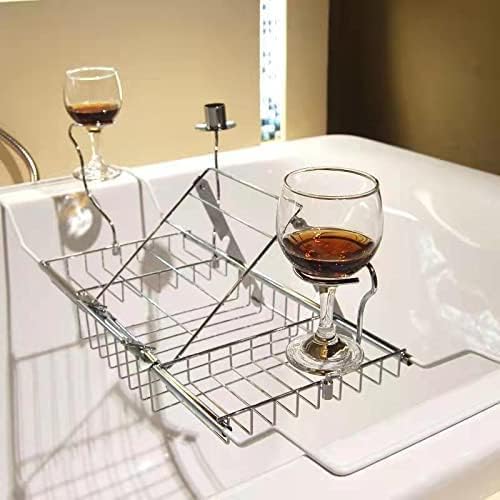 BDL Expandable Bathtub Caddy Tray with Wine Holder & Reading Rack,Silver