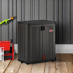 suncast 30" heavy-duty resin garage cabinet, lockable, dark shown in use