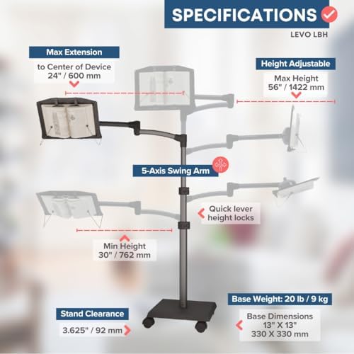 LEVO G2 Adjustable Book Floor Stand for Reading in Bed & Recliner on Wheels