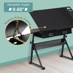 zeny adjustable drafting table with stool tilting drawing, side view