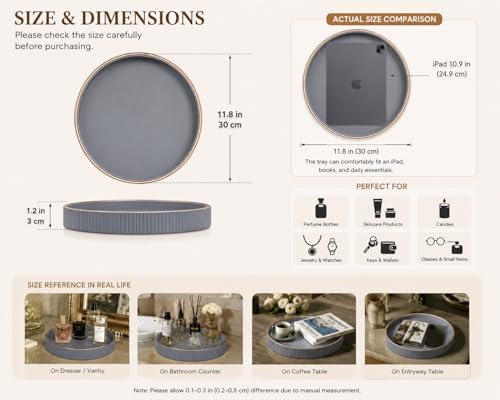 KINGFOM Round Decorative Tray, PU Leather Vanity Tray Organizer with Gold Tri...