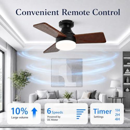 30 inch wood ceiling fan with light, flush, close-up detail