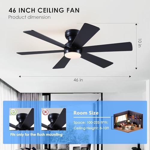 asyko 46"black 6-blade modern low profile ceiling fan showing dimensions