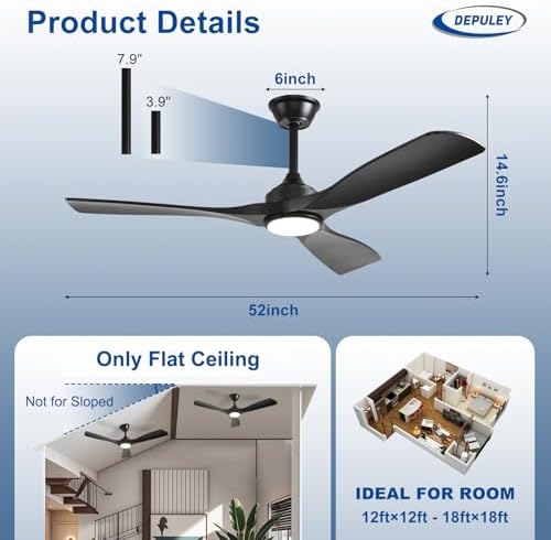 depuley 52-inch ceiling fan with light: black 3 shown in use