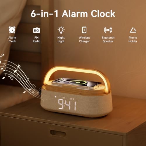 alarm clock bedroom with wireless charger bluetooth speaker, close-up detail