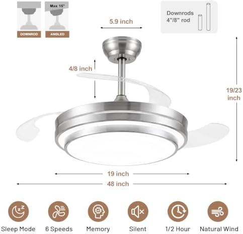 48 inch fandelier ceiling fan with light,modern retractable, side view