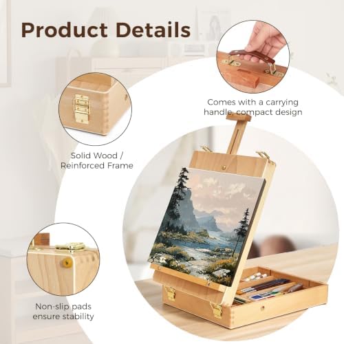 wooden tabletop easel, adjustable sketch box easel with shown in use