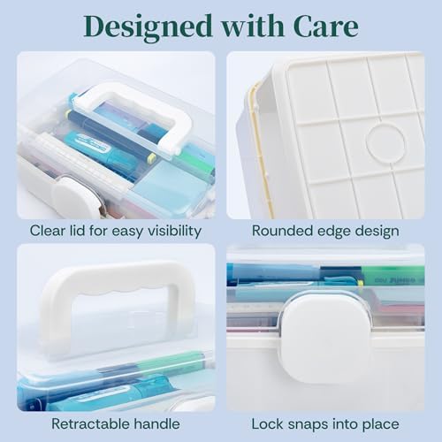 3-layer storage box with handle large art craft showing dimensions