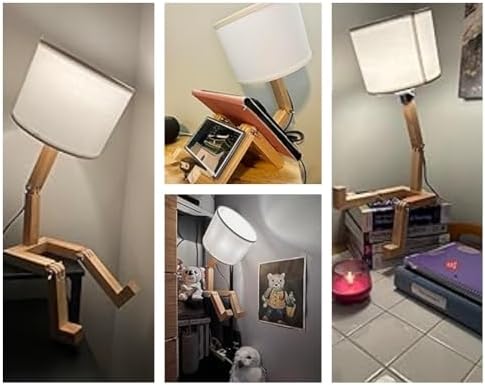 Robot Bedside Lamp, Fabric Lampshade Match Foldable Solid Wood Body, Creative...