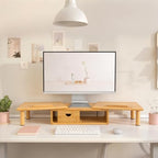 dual monitor stand riser with drawer for desk showing dimensions