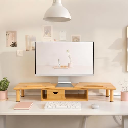 dual monitor stand riser with drawer for desk showing dimensions