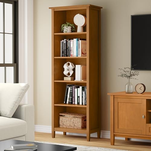 SIMPLIHOME Warm Shaker 72" Tall Solid Wood 5-Shelf Bookcase in Brown