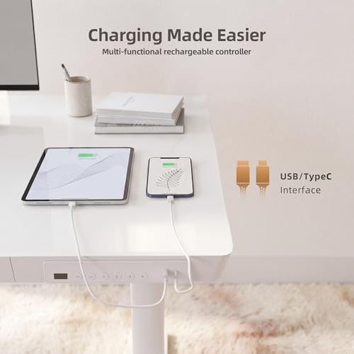 INNOVAR 40" Small Glass Standing Desk with Drawers & USB Ports, Whole-Piece Glass Top Adjustable Height Desks, Quick-Install Electric Sit-Stand Up Desk for Home Office & Computer Workstation, White