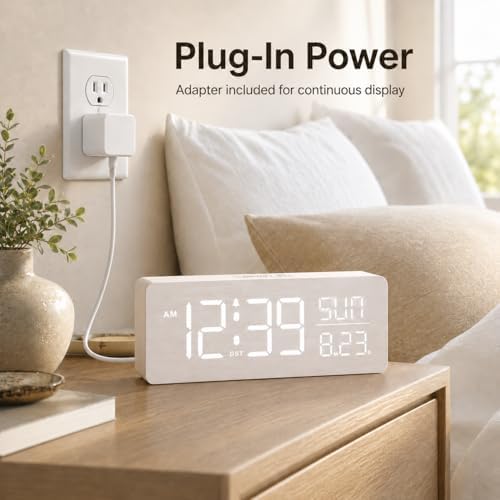 peakeep wooden digital alarm clock large display, textured shown in use
