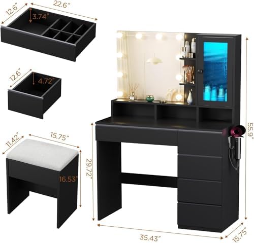 ERLEJIA Vanity Desk with Mirror and Lights & Extral Foldable Desk, 31.5&q...