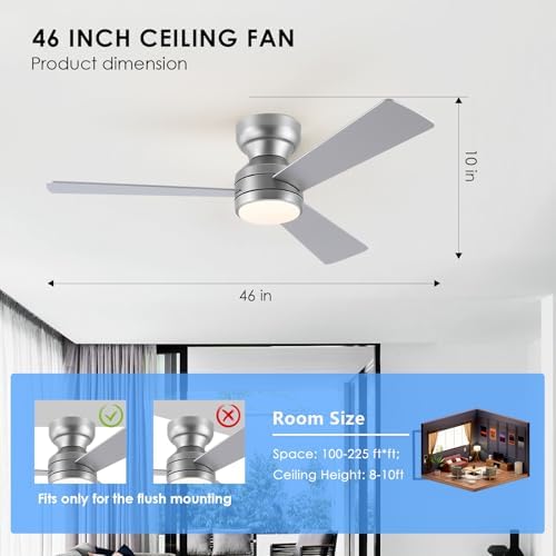 asyko 46" silver modern low profile ceiling fans showing dimensions