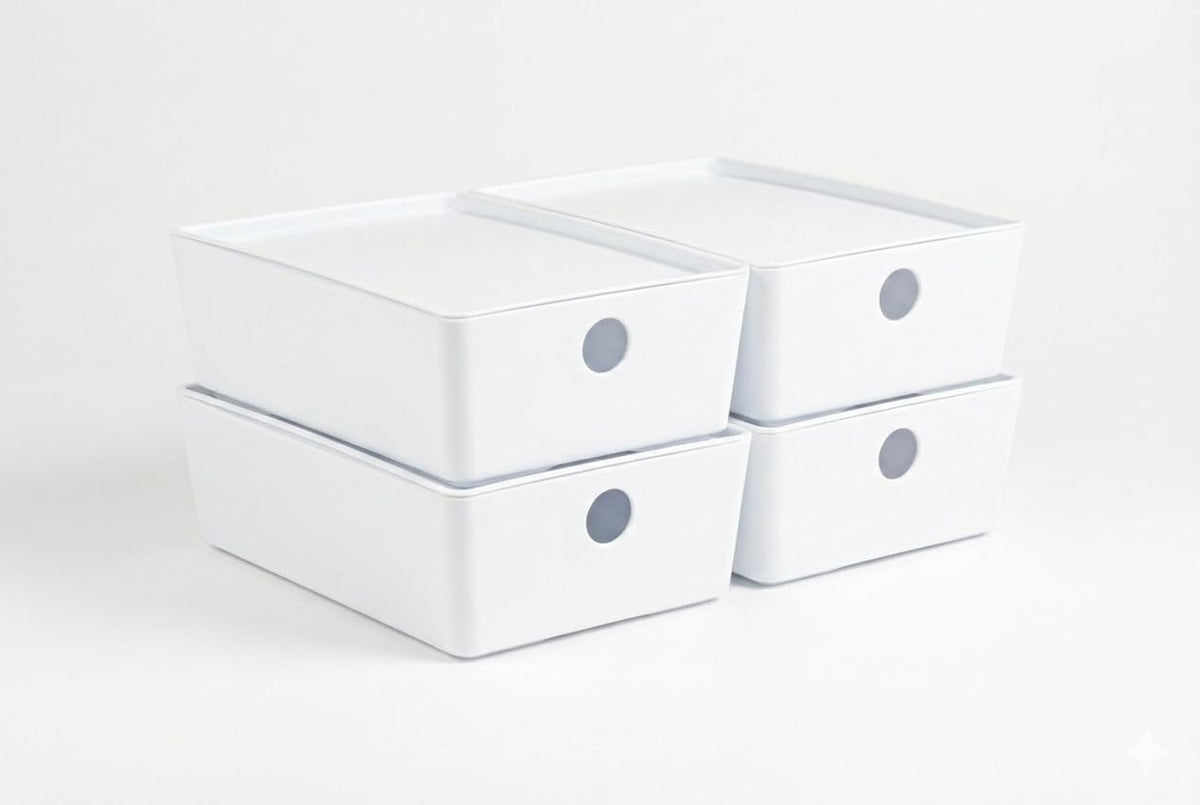 Bella White Modular Box Stackable Storage Bins with Lids Bathroom Organizer K...