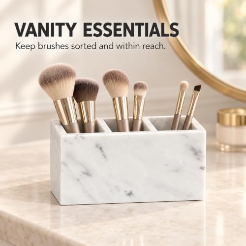 White Marble Pen Holder with 3 Compartments, Natural Stone Desk Organizer