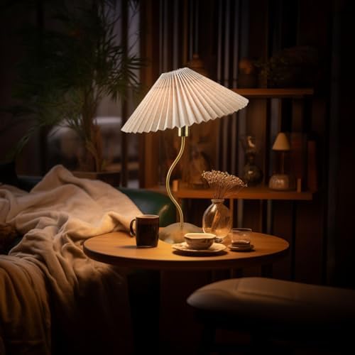 KUNJOULAM Small Pleated Table Lamp, Bedside Nightstand Lamp with Beige Lampsh...