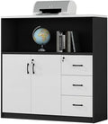 Multifunctional Wooden File Cabinet White + Black Double Door with Three Drawers Storage Data File Cabinets