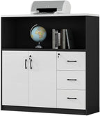 Multifunctional Wooden File Cabinet White + Black Double Door with Three Drawers Storage Data File Cabinets