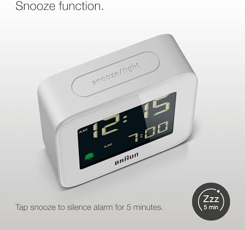 braun digital travel alarm clock with snooze, compact, side view