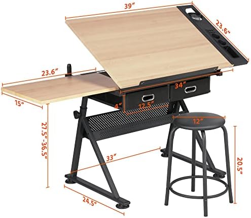 yaheetech adjustable drafting table art desk, storage drawers, close-up detail