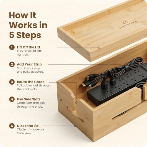 Bamboo Cable Management Box, Large 13.4” Wooden Cord Organizer Box