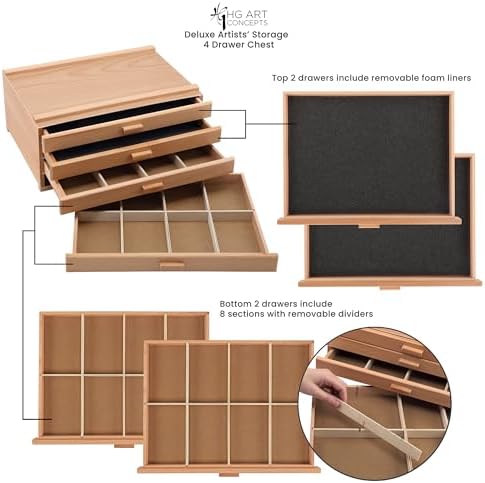 hg art concepts artist storage chest, wooden brush showing dimensions