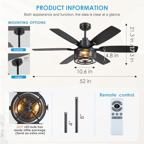 hounberi 52 inch farmhouse ceiling fan with light showing dimensions