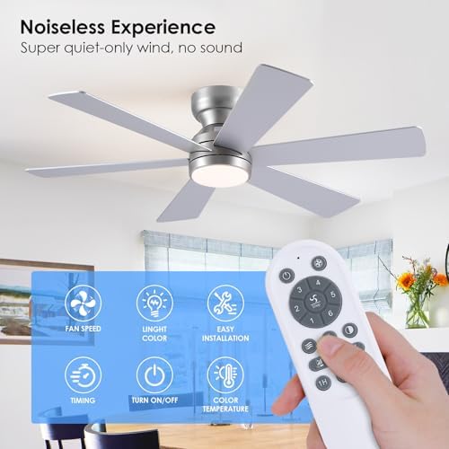 asyko 46" silver 6-blade modern low profile ceiling, close-up detail