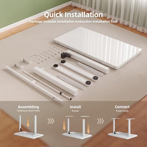 INNOVAR 40" Small Glass Standing Desk with Drawers & USB Ports, Whole-Piece Glass Top Adjustable Height Desks, Quick-Install Electric Sit-Stand Up Desk for Home Office & Computer Workstation, White