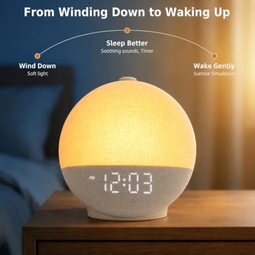sunrise alarm clock wake up light, white noise, side view