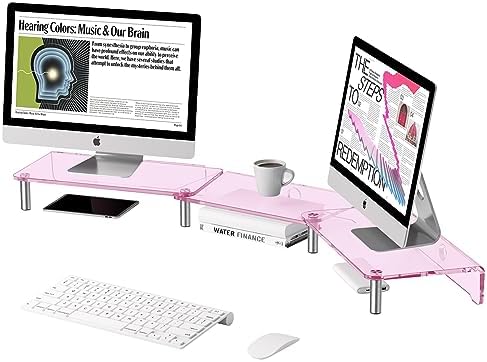 Pink Acrylic Dual Monitor Stand Riser，Adjustable Length Angle for 2Monitors