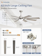 zmishibo 62” modern ceiling fan with light, remote, package contents