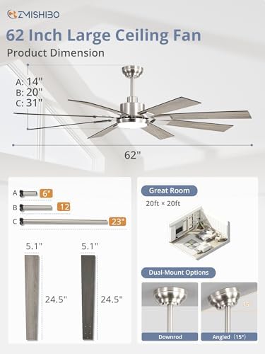 zmishibo 62” modern ceiling fan with light, remote, package contents
