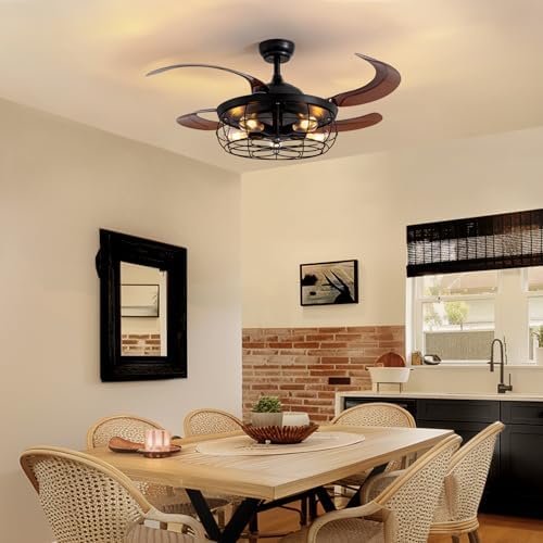 48" retractable ceiling fan with lights and remote shown in use