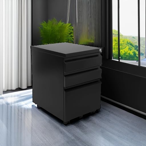 mount-it! 3 drawer file cabinet with lock and shown in use