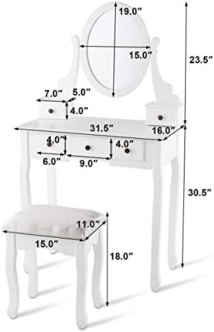 GIANTEX Girl Vanity Set with 5 Drawers, Makeup Dressing Table with Cushioned ...
