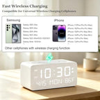 premium white wooden digital alarm clock with wireless, side view
