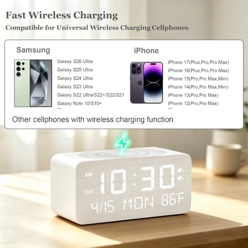 premium white wooden digital alarm clock with wireless, side view