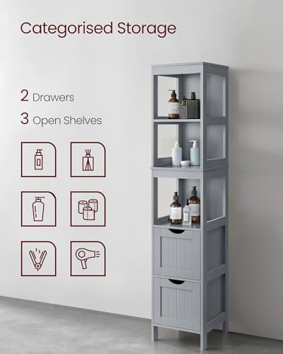 VASAGLE Bathroom Floor Cabinet, 2 Drawers, 55.7”H, Dove Gray