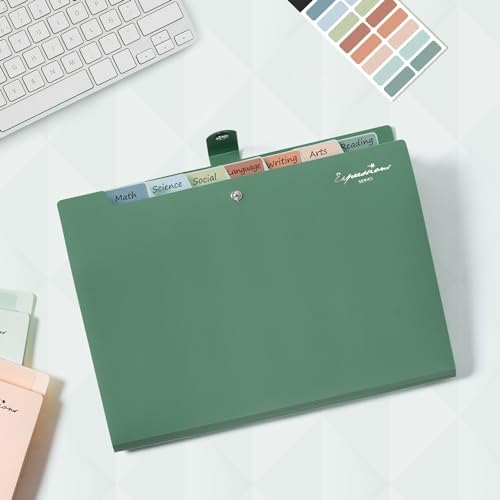 Sooez Elegant Accordion File Organizer, 8 Pocket Expanding File Folder | Portable Folders for Documents, Cute Paper Organizer with Label, for School Office College Supplies, Letter Size, Light Green