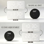 premium white wooden digital alarm clock with wireless, front angle view