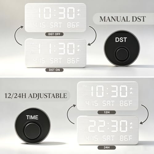 premium white wooden digital alarm clock with wireless, front angle view