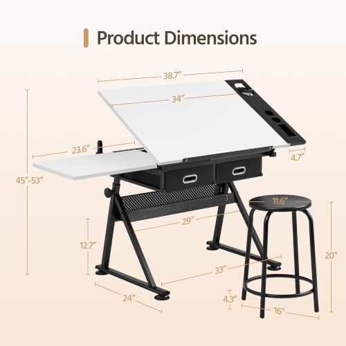 yaheetech adjustable drafting table art desk,storage drawers &, close-up detail