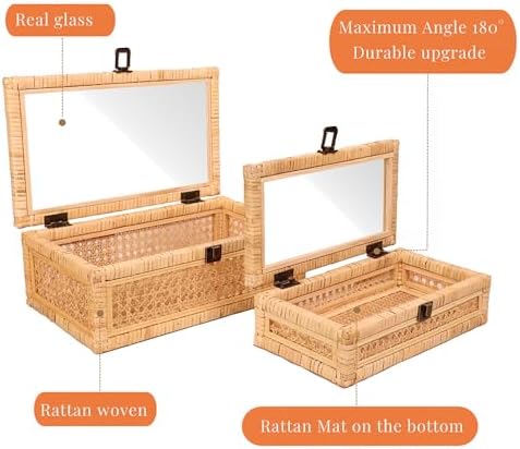 extra large rattan decorative box with lid, glass on a desk or shelf