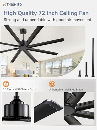 zmishibo 72 inch ceiling fan without light, 8 shown in use